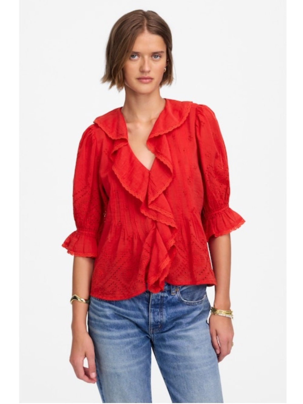 Madewell Embroidered Eyelet Ruffled Puff Sleeve Button-Up Shirt Pirate Red Small